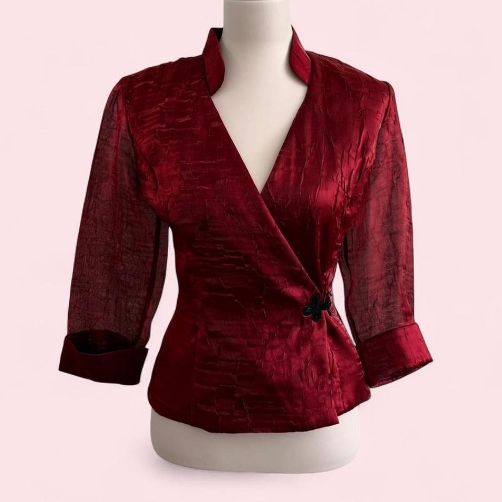Vintage Alex Evenings red metallic crushed blazer with black frog button